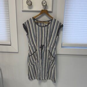 Linen Striped Cap Sleeve Dress with Tie Waist